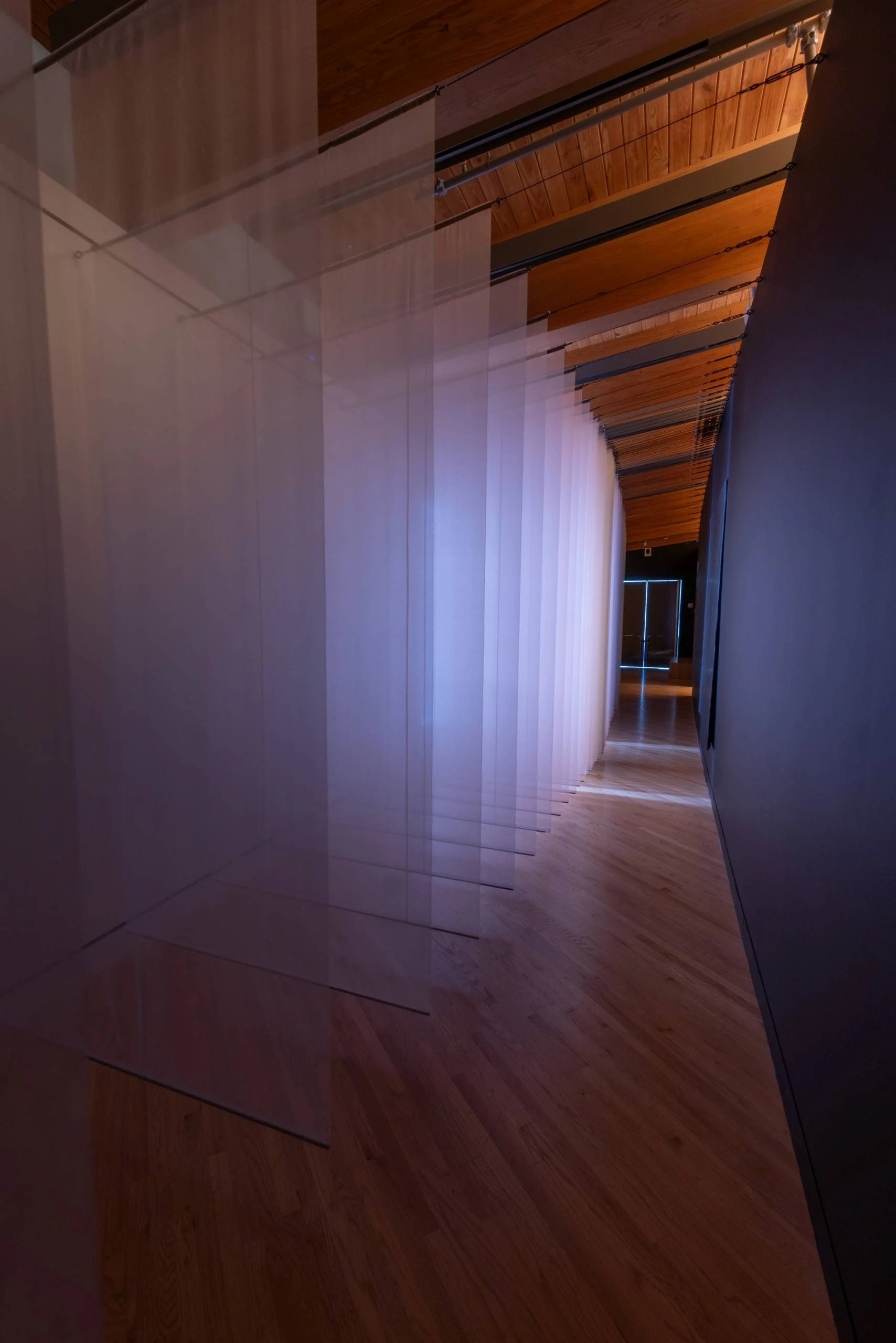 Marie Bannerot McInerney, Trace Me Back, 2023 silk organza, cotton yarn, cement, graphite, dynamic LED light and sonic element 60:00:00. Photo by Tom  McFetridge.