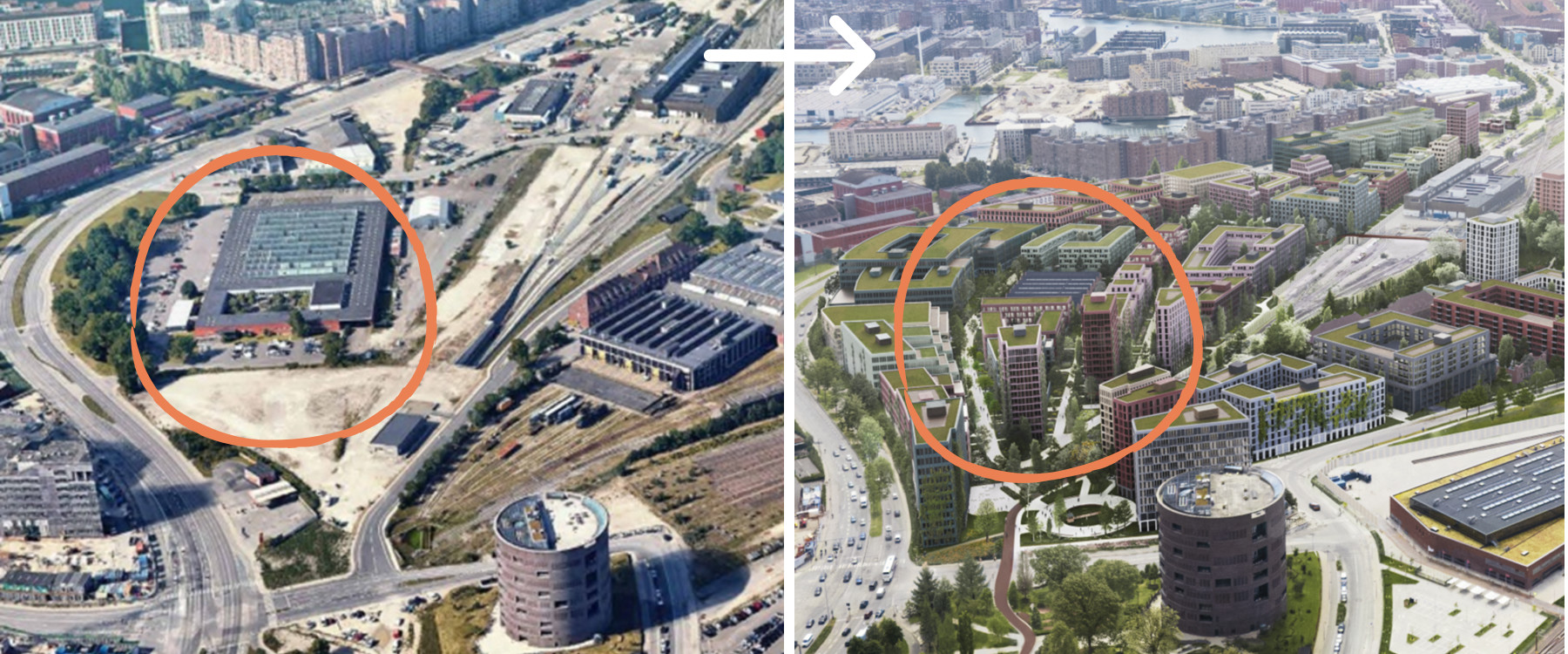 On the left is Spor10 in the current context and on the right is Spor10 after full development of Jernbanebyen. Graphics courtesy of Nrep.