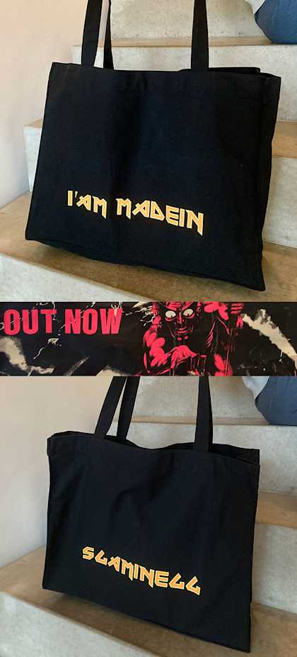 "I am madein Sgaminegg" - schwarze Textiltasche mit Iron Maiden Schriftsatz