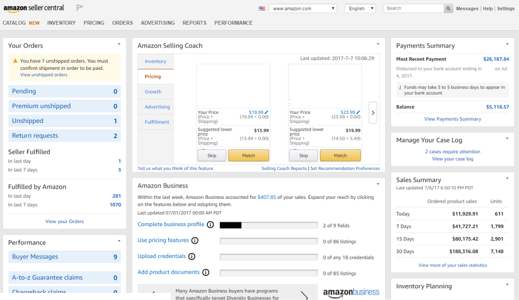 Amazon Seller Central interface