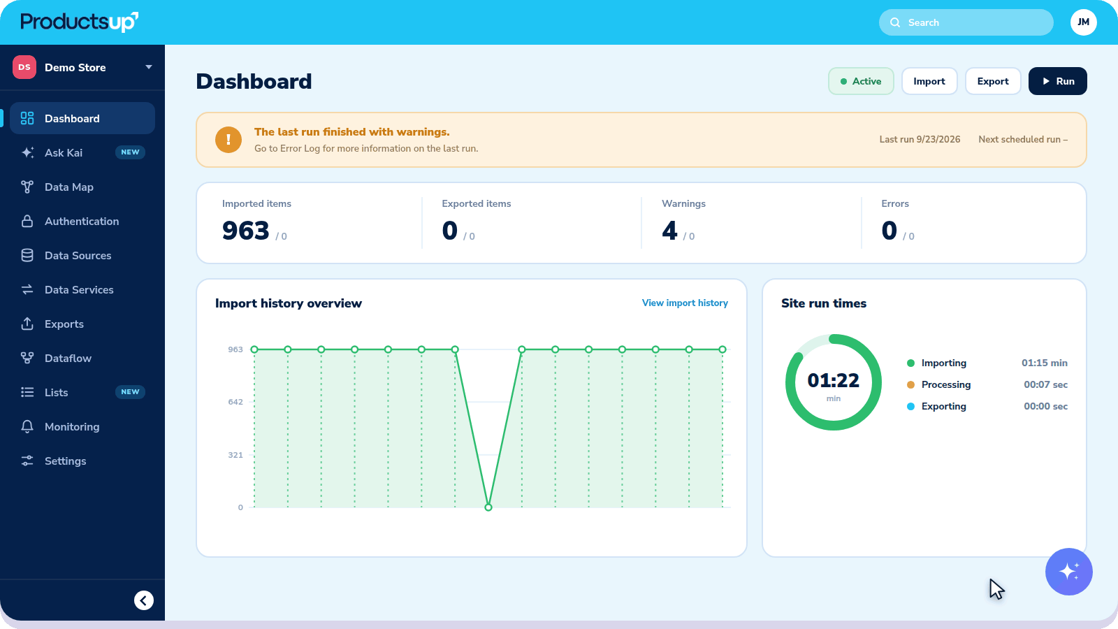 Ask Kai widget open in the Productsup platform
