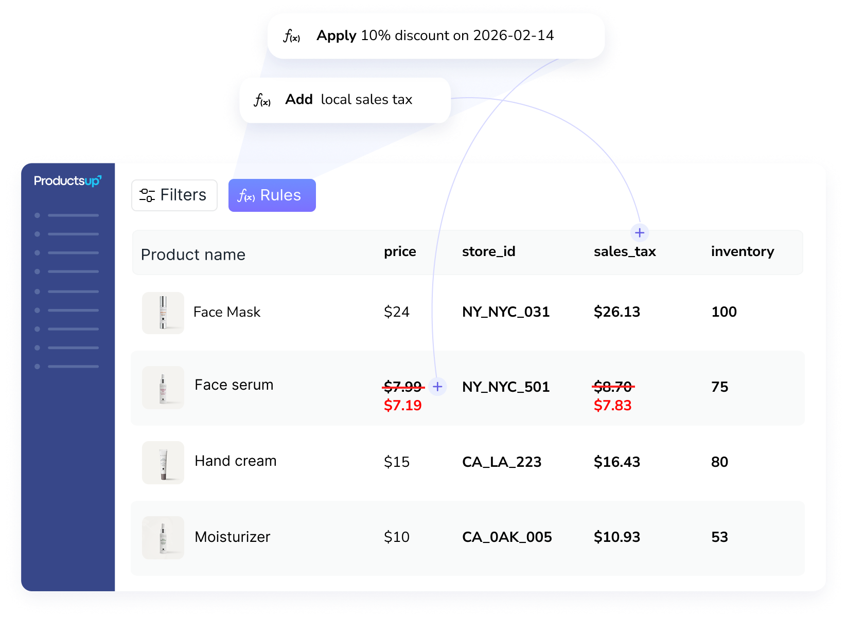 Live store-level pricing, inventory, and tax logic