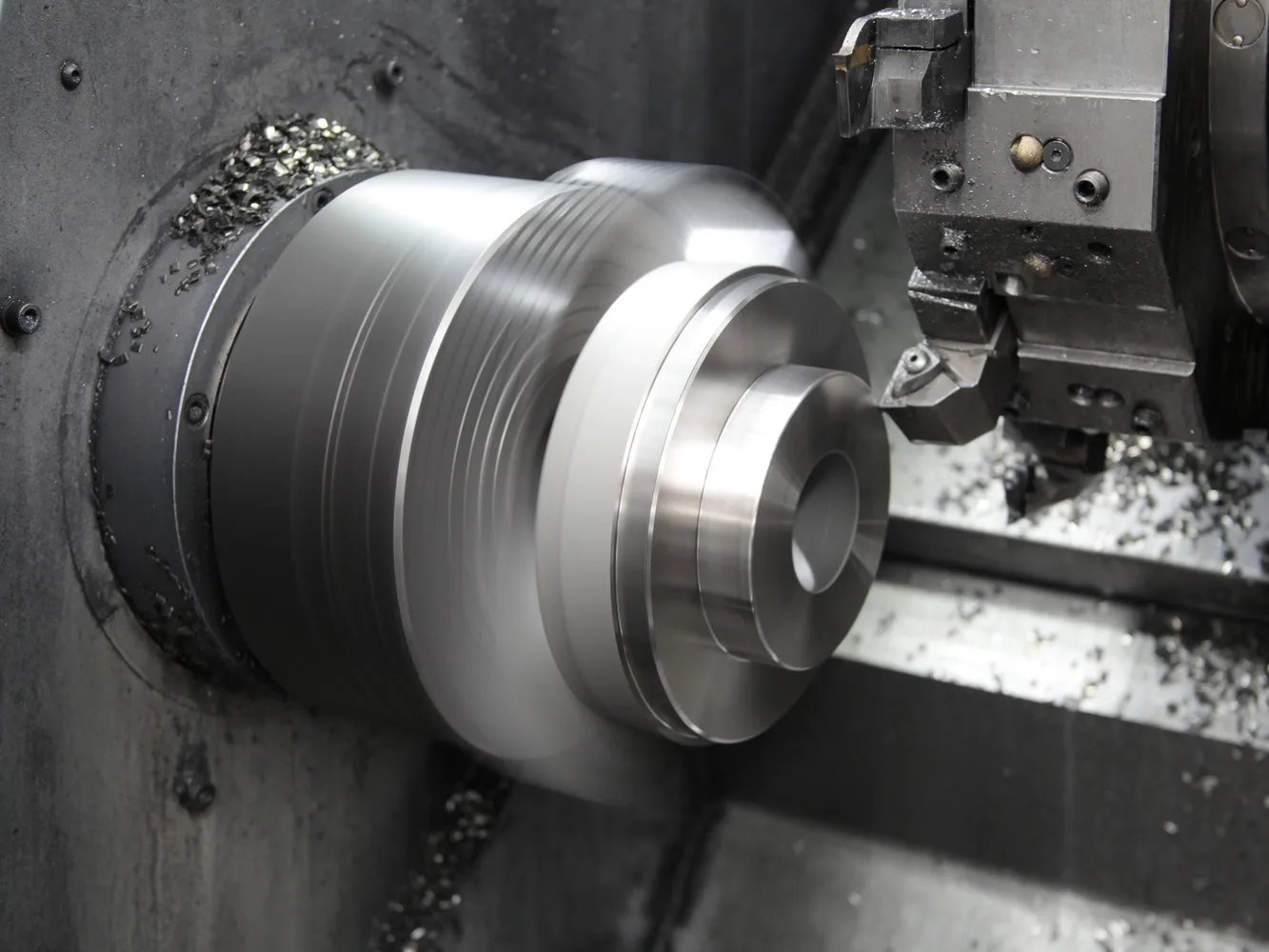 CNC lathe machine in action.