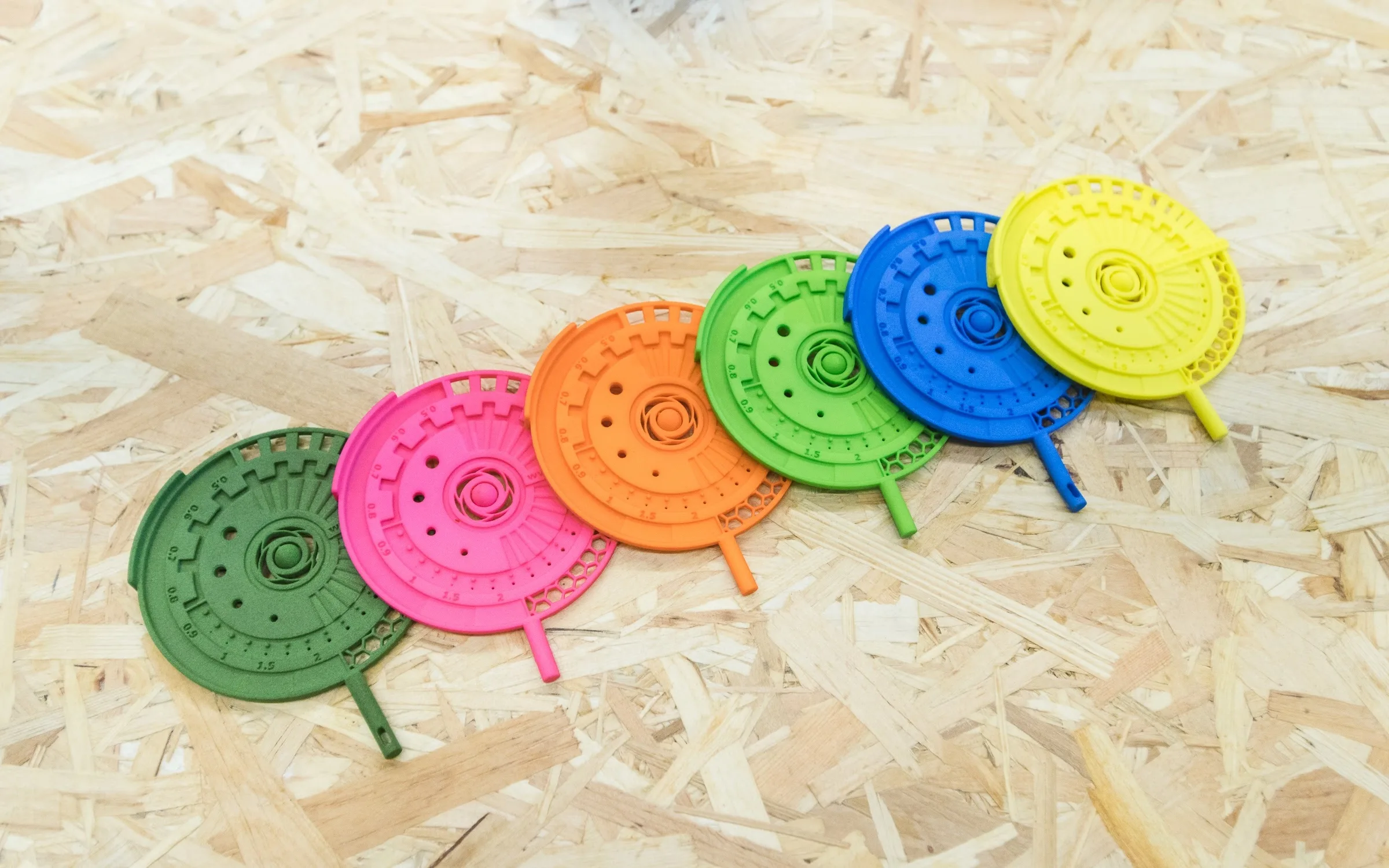 Samples showing a range of dye coloring options for SLS parts
