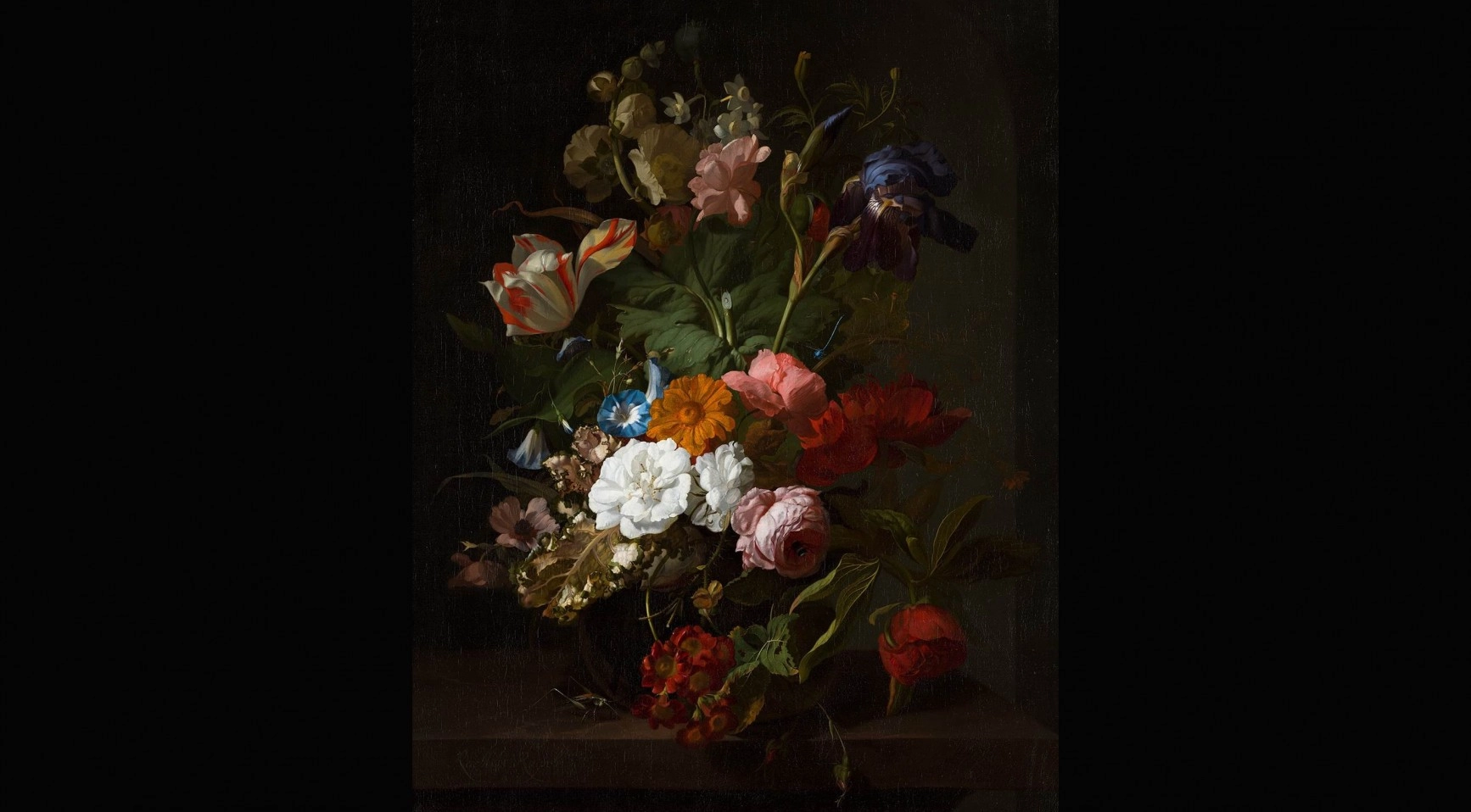 A photograph of the 1700 painting “Vaas met bloemen” by Rachel Ruysch