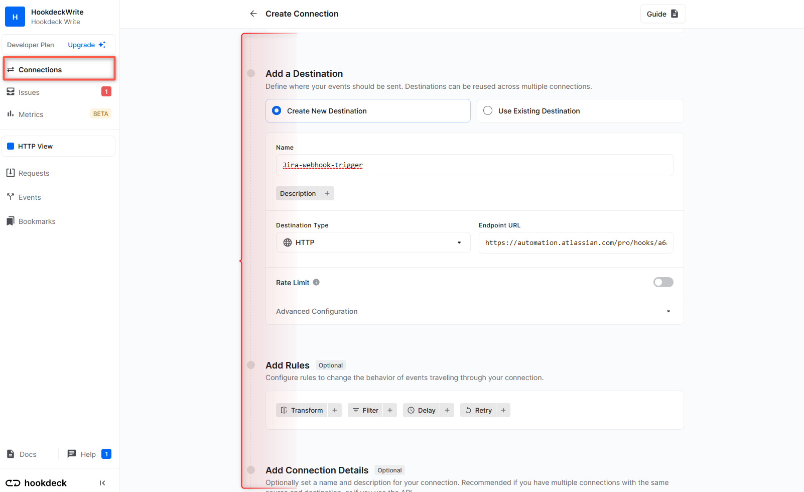 Create a Hookdeck Jira Connection