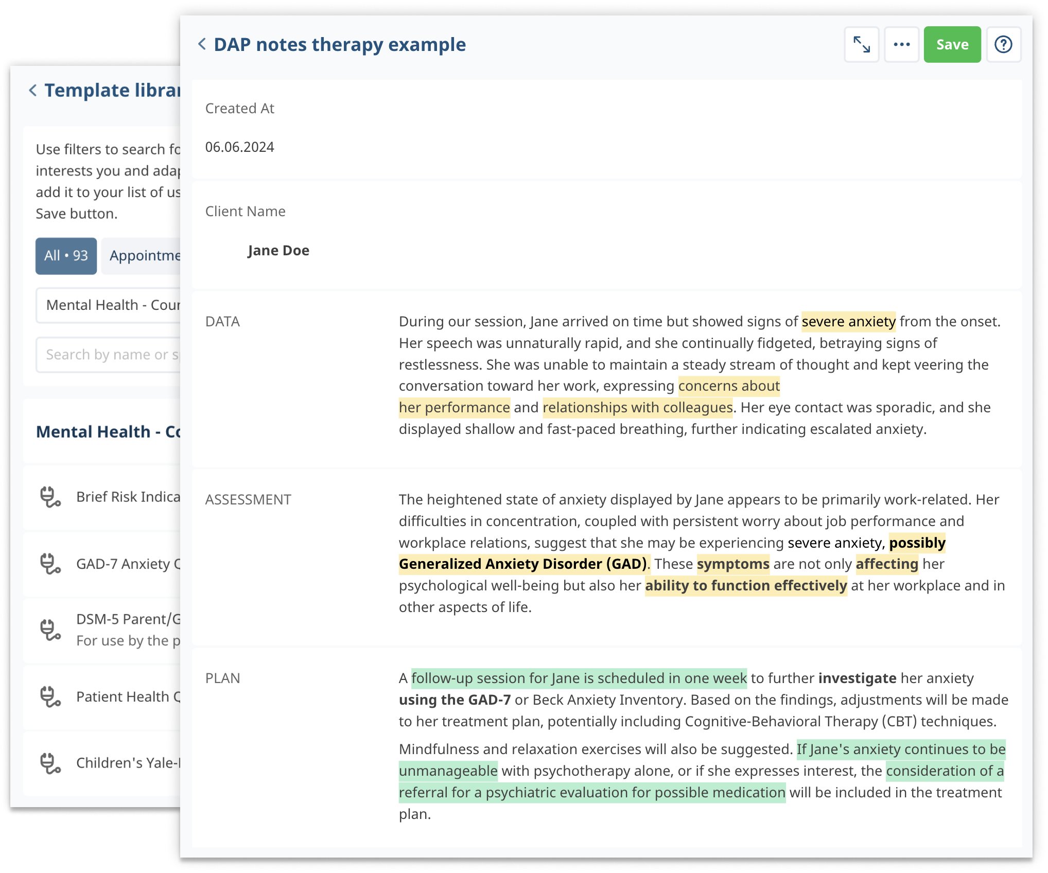 mental health dap notes template