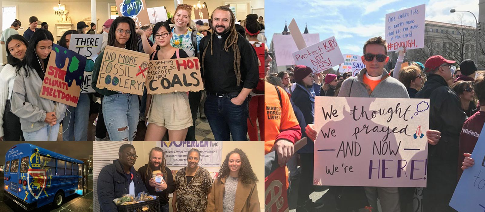 Collage showing student protests and volunteer gatherings