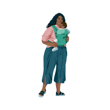 Illustration of a woman carrying her child on her chest.