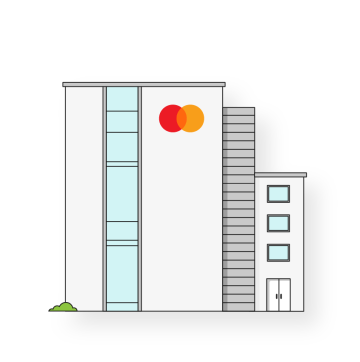 Bild eines Gebäudes mit einem Mastercard-Logo.