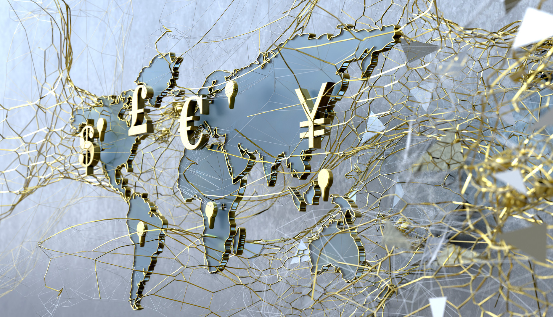 a world map showing different currency symbols and golden strings.