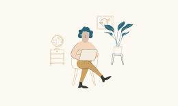 Illustrazione di una persona seduta su una sedia con un computer in grembo.