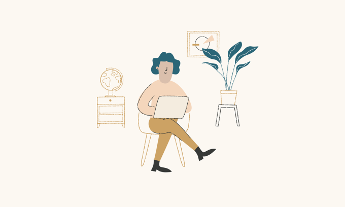 Illustration of a person sitting on a chair with a computer on their lap.