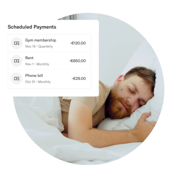 N26 Payment Scheduled icons with a background image of man sleeping.
