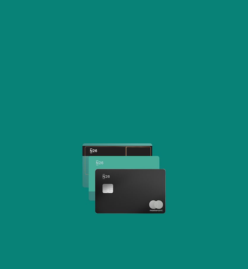 A collection of overlapping smartphone screens shows different features of the N26 app, including a chat message, a main account balance, a person using the app, stocks, and a savings account.