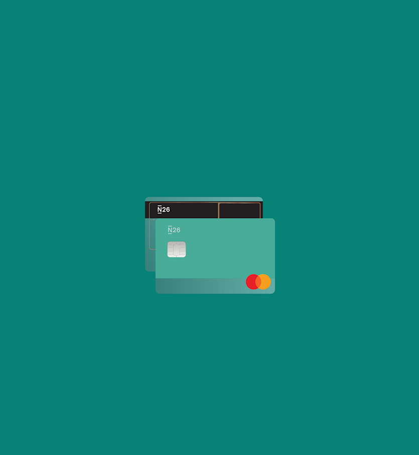 The image shows two N26 Mastercard debit cards on a solid teal background. One card is displayed from the front, featuring the N26 logo, chip, and Mastercard logo. The other is slightly behind, showing the card’s back with the magnetic strip and numbers. The minimalist design emphasizes simplicity and modern digital banking.