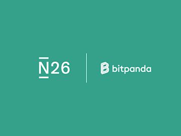 Image of N26 logo next to Bitpanda logo in a teal background color.