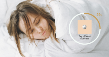 Woman in bed with overlaid image of debt paid off by debt snowball or avalanche method.