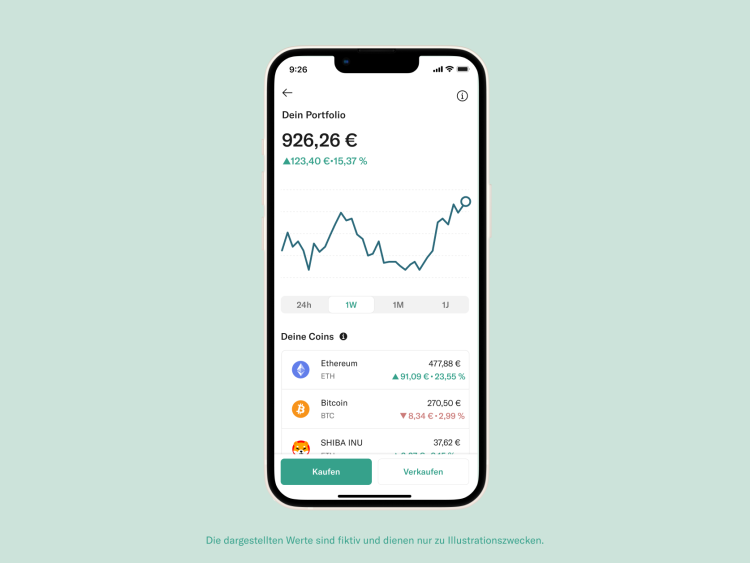 Die N26-App zeigt die Veränderung des Kryptowährungsportfolios über einen Zeitraum von einem Monat.