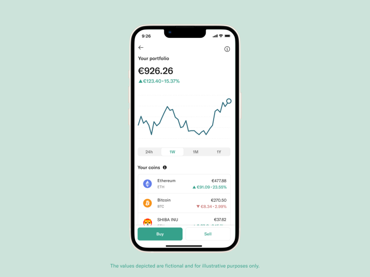 N26 app showing the variation of the cryptocurrency portfolio over a period of one month.