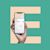 Hand holding a smartphone with the letter E in the background.