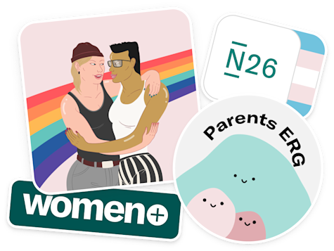 Illustration of stickers displaying a couple, N26 logo, Women+, and parents ERG. 