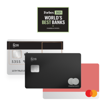 N26 Standard card, N26 You rhubarb card, premium N26 Metal card with Forbes Best Bank Logo.
