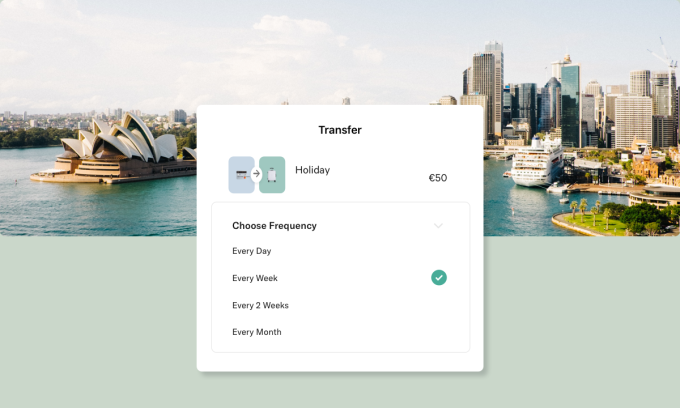A screenshot of a Transfer UI on the N26 app overlaid on top of an aerial photo of Sydney.
