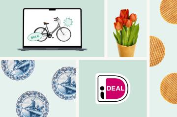 Image divided in 5 sections with a laptop, a bunch of tulips, three coins, rounded waffles and the Ideal logo. 
