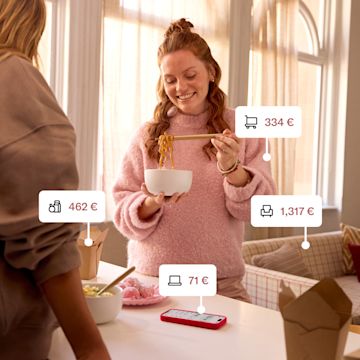 A woman is enjoying a meal at a table, her smile a testament to her satisfaction. Two take-out boxes, a plate of confectionery, and a smartphone are neatly arranged on the table. The image is overlaid with price tags, making it easy to see the cost of each item.