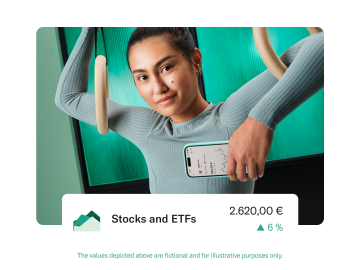 Gymnast wearing teal color clothes and holding a mobile with the N26 app open. In the foregound there is pop up displaying the balance and profitability in the Stocks and ETFs account and Crypto account. 