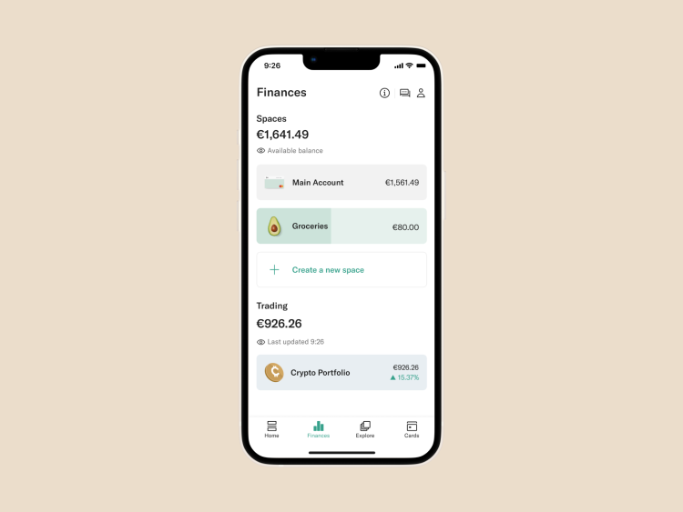 A mobile showing the finances tab interface of the n26 app.