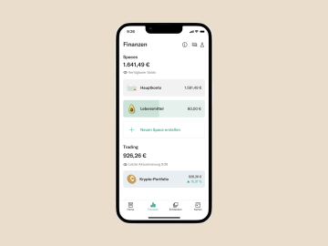 Ein Handy, das die Registerkarte „Finanzen“ der n26-App zeigt.