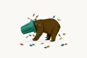 Bear illustration with its head in a bin.