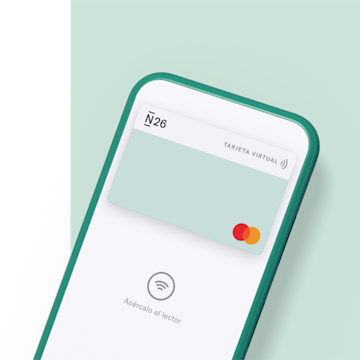 aplicación de banca N26 mostrando una tarjeta MasterCard virtual en un fondo verde claro.