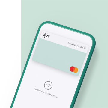N26 Banking App eine virtuelle Mastercard auf einem hellgrünen Hintergrund zeigt.