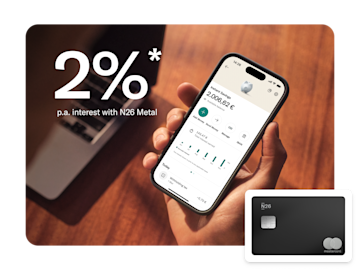 A smartphone displays the N26 app's savings interest rate and balance next to a black N26 Metal card.