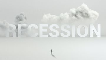 Recession in big letters, surrounded by clouds while a person stands before it.