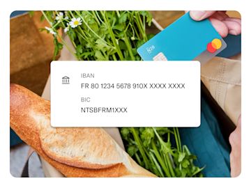 Iban français, carte N26 et panier de courses.