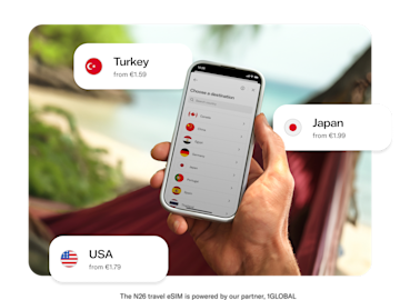 A hand holds a smartphone displaying a list of countries for eSIM data plans, with callouts for Turkey, Japan, and USA showing prices.