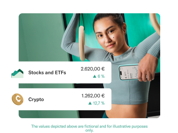 Gymnast wearing teal color clothes and holding a mobile with the N26 app open. In the foregound there is pop up displaying the balance and profitability in the Stocks and ETFs account and Crypto account. 