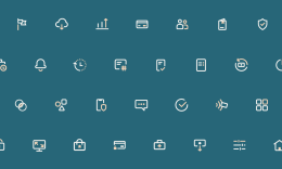 Verschiedene Icons auf blauem Hintergrund.