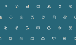 Verschiedene Icons auf blauem Hintergrund.