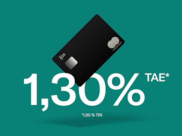 Una tarjeta digital N26 con el logo de Mastercard se muestra sobre el texto "1,30% TAE*" en un fondo verde.