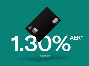 A digital N26 card with a Mastercard logo is displayed above the text "1.30% AER*" on a green background.