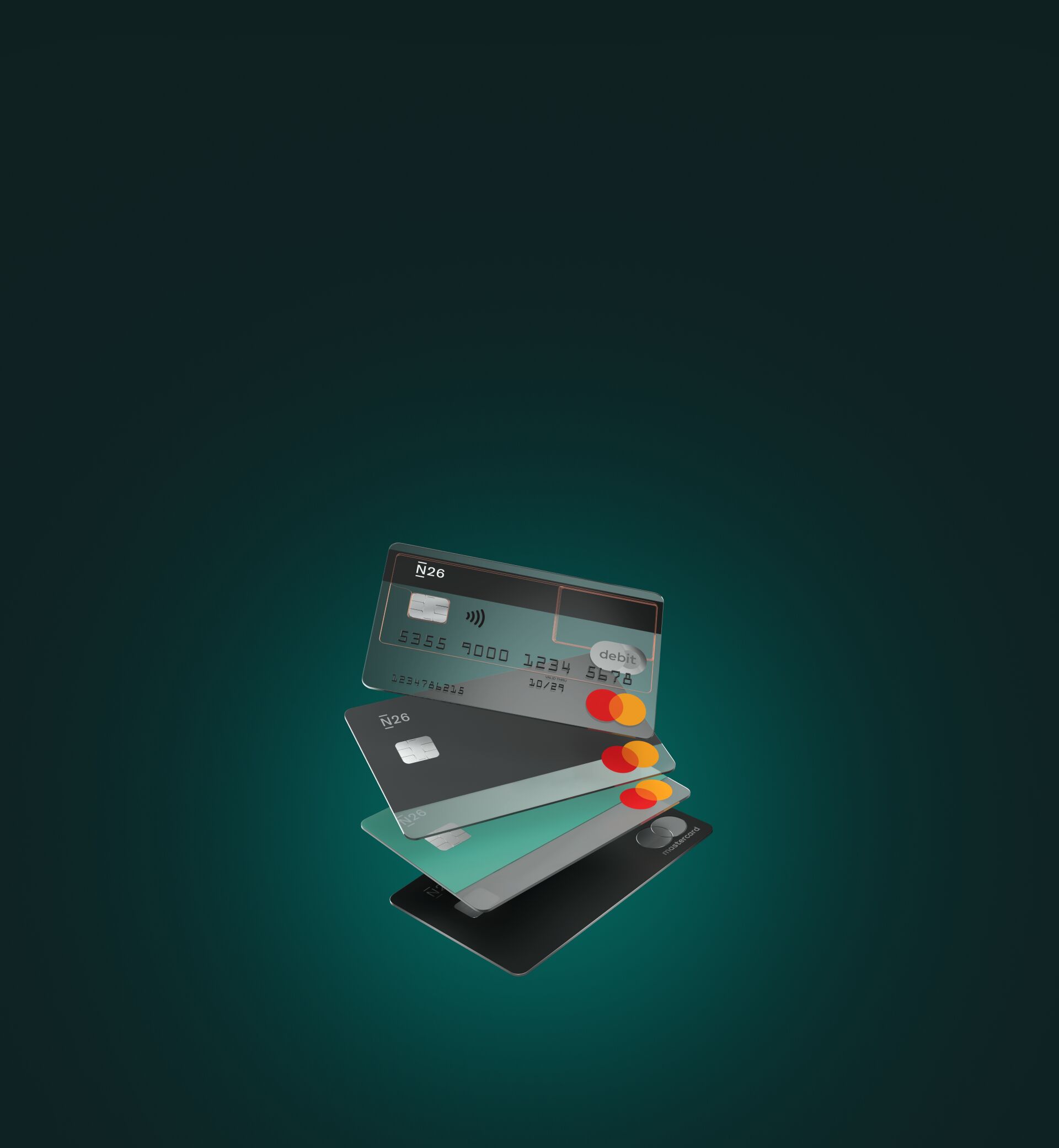 A vertical stack of four N26 Mastercard debit cards in different colors including transparent, grey, teal, and black, floating against a dark teal gradient background.