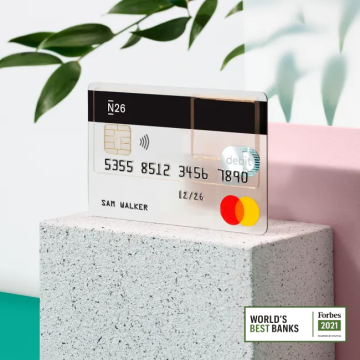 Standard N26 card on top of a brick with Forbes best bank logo.