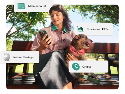 A young woman sitting on a park bench with her dog, using her phone, with floating labels for financial services like "Main account," "Savings account," "Stocks and ETFs," and "Crypto.".