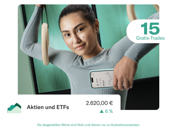 Turnerin trägt blaugrüne Kleidung und hält ein Handy in der Hand, das Investitionen zeigt. Im Vordergrund ist ein Pop mit der Bilanz der Aktien und ETFs zu sehen.