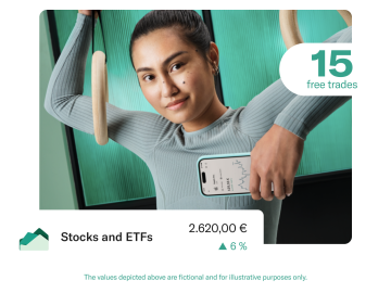 Gymnast wearing color teal clothes and holding a mobile showing investments. In the foreground there is a pop with the Stocks and ETFs balance.